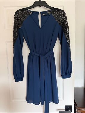 Express Navy Long Sleeve Dress with Black Lace Shoulders - XS